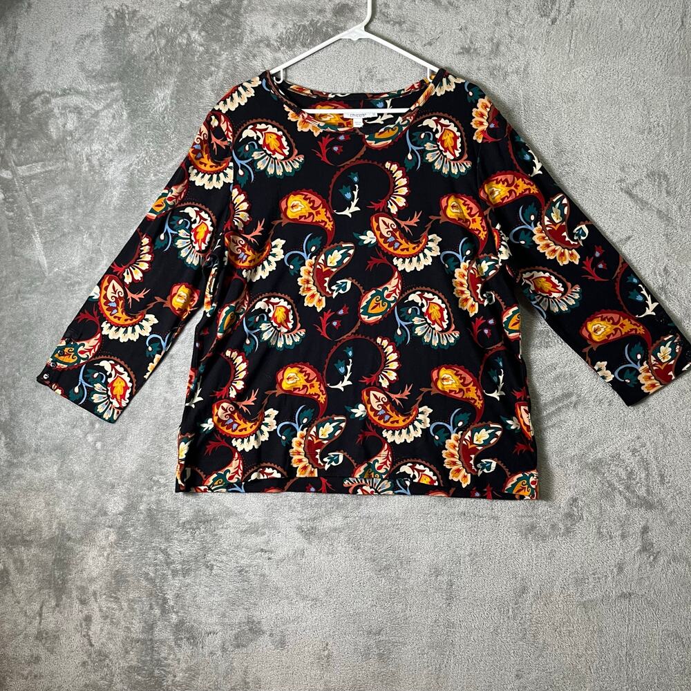 Chico’s Paisley Everyday Tee 3/4 Sleeve Bright Ochre Black Pima Cotton XXL New